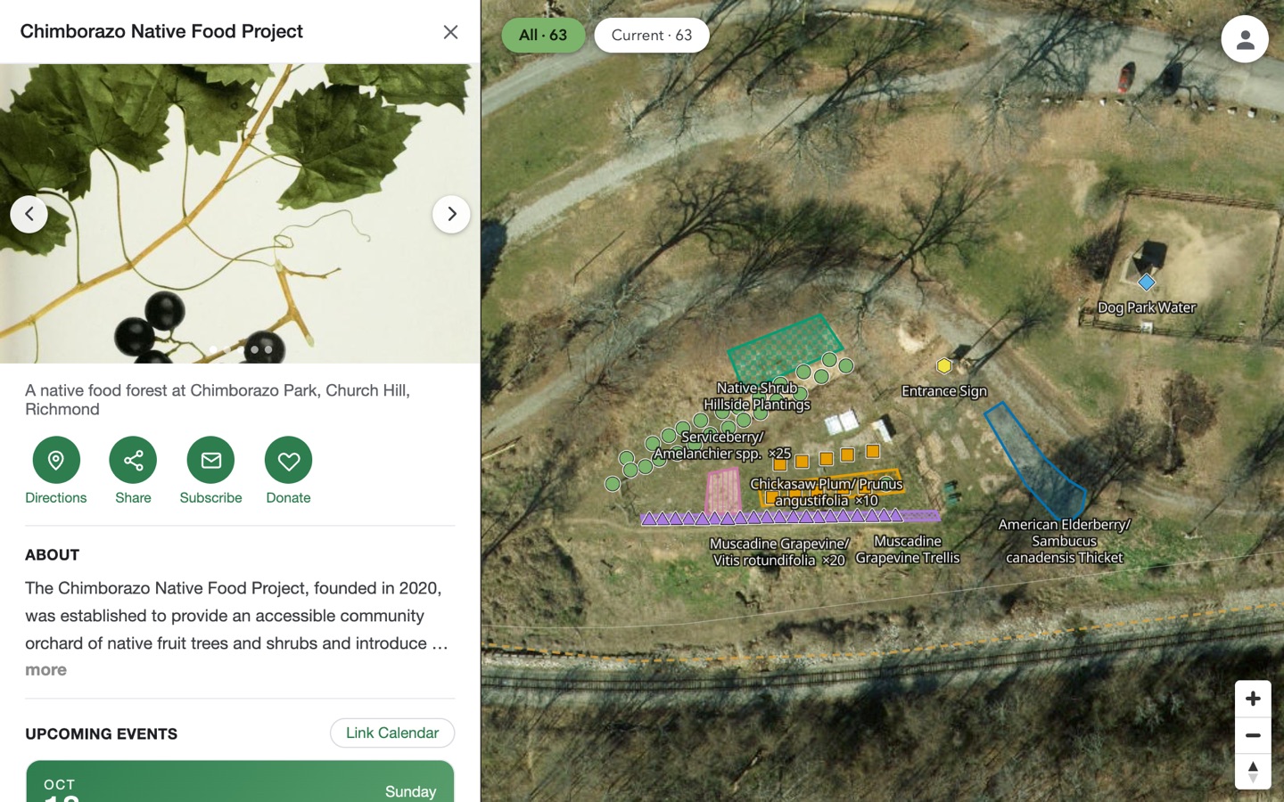 Mosaic showing the Chimborazo Native Food Project: a page with the next workday and organizers beside an aerial map of labelled plantings