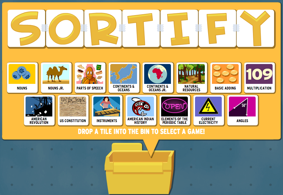 Sortify assessment game board with sortable topic tiles