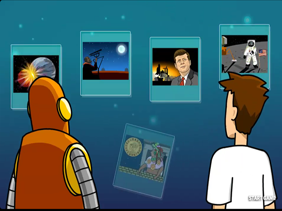 Time Zone X gameplay: Tim and Moby placing historical event cards on a timeline